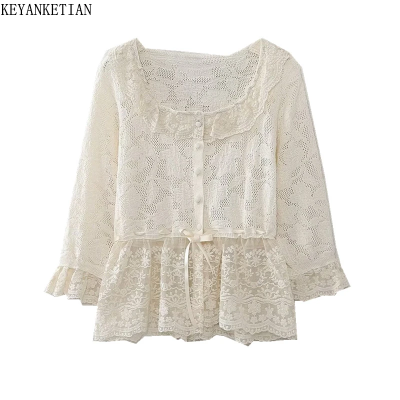 KEYANKETIAN Summer New Women's Embroidery Lace Top Holiday wind Tiered Ruffles O-Neck Single Breasted Flare sleeve Shirt Blouse
KEYANKETIAN Summer New Women's Embroidery Lace Top Holiday wind Tiered Ruffles O-Neck Single Breasted Flare sleeve Shirt Blouse