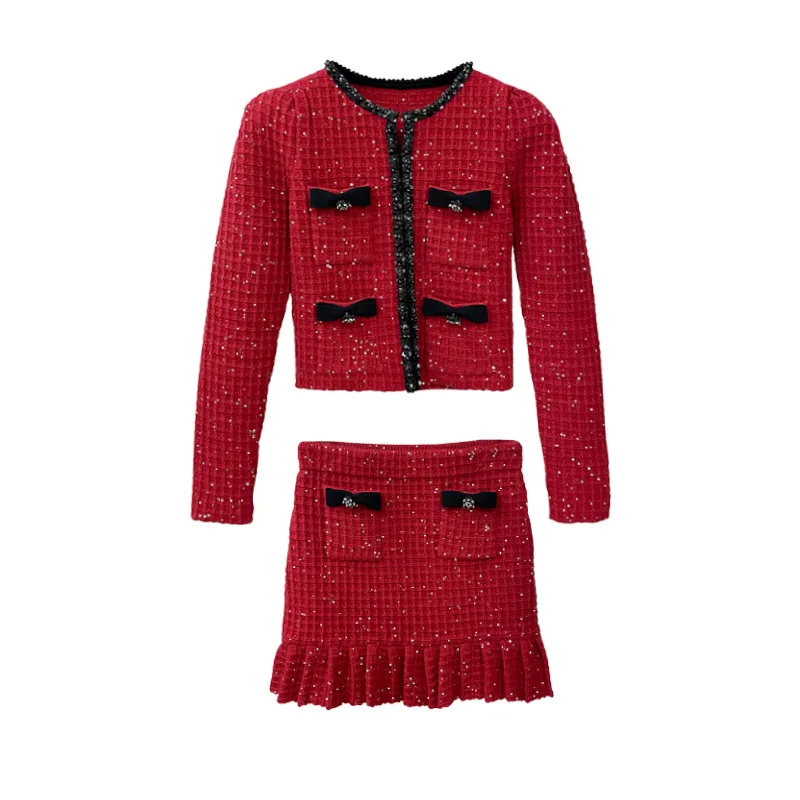 Lady Elegant Style Newest Knit Suit Luxuery Beads Sequined O-neckline Cardigan Pleated Hem Slim Mini Skirt Women 2Pcs
Lady Elegant Style Newest Knit Suit Luxuery Beads Sequined O-neckline Cardigan Pleated Hem Slim Mini Skirt Women 2Pcs