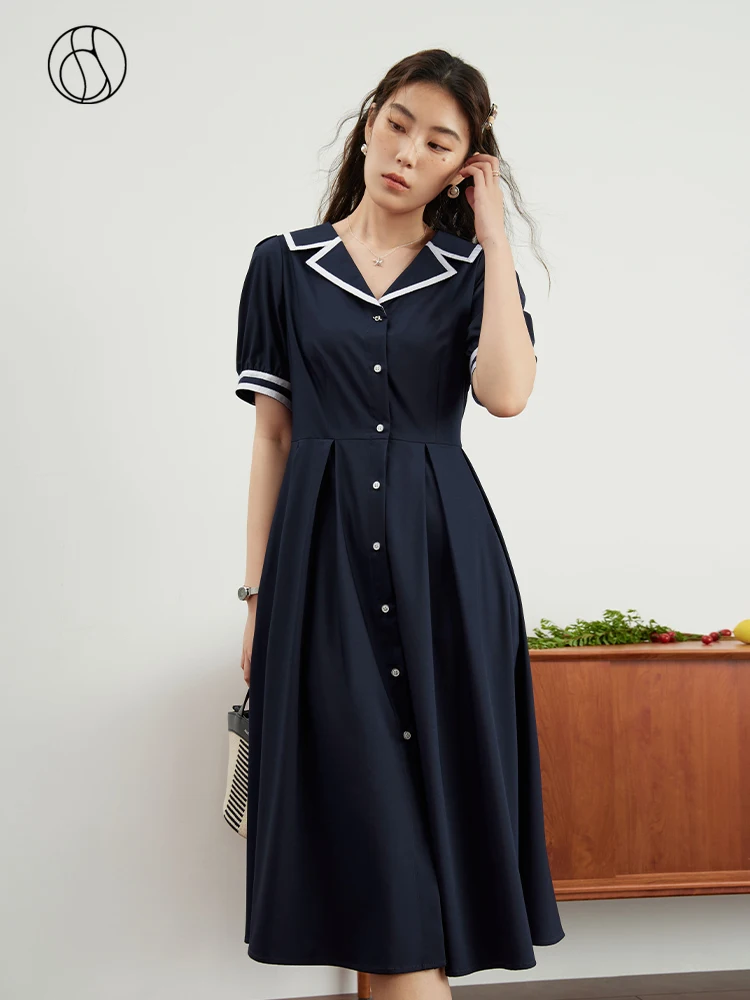 

DUSHU Preppy Style Age-reducing Navy Style Dress for Women Summer New High Waist Contrast Color Puff-sleeve Dress Female