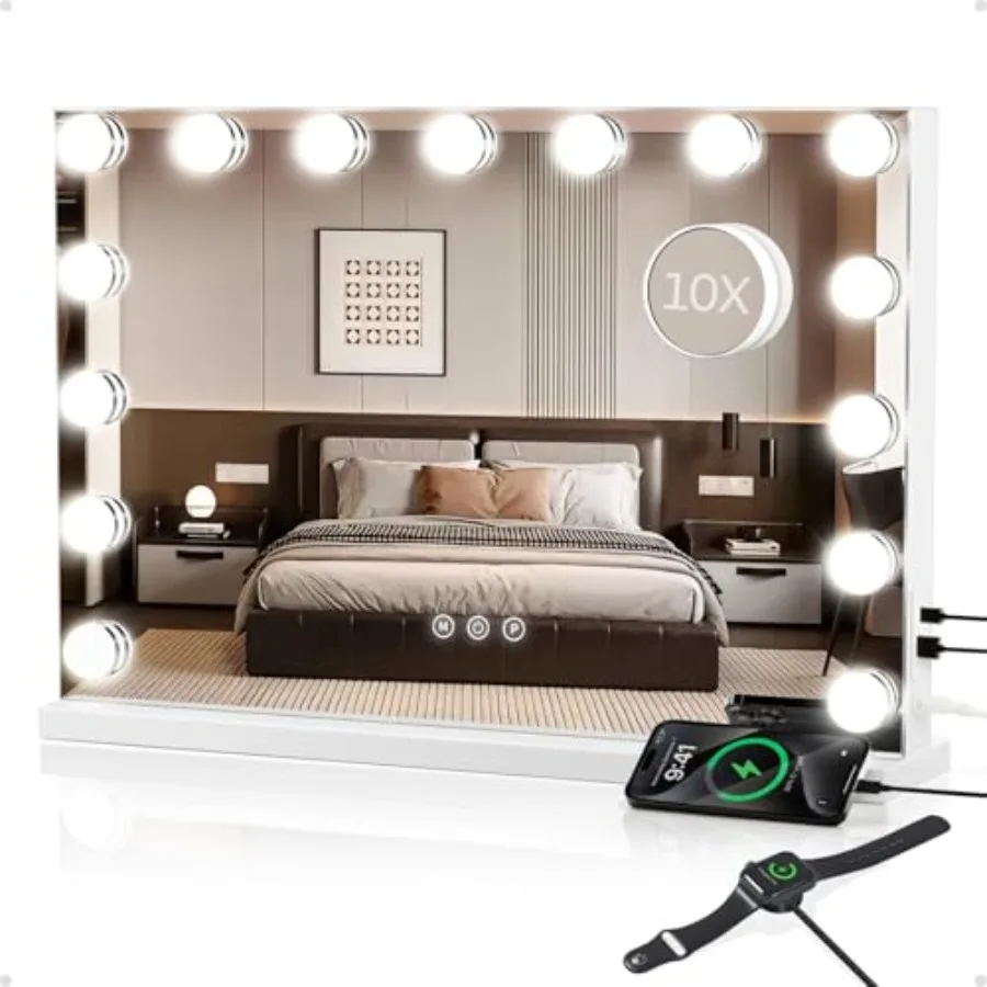 Hollywood Vanity Mirror with Lights, Lighted Makeup Mirror with 10X Magnification, 3 Color Lights, 15 Dimmable Bulbs, USB/Type-
Hollywood Vanity Mirror with Lights, Lighted Makeup Mirror with 10X Magnification, 3 Color Lights, 15 Dimmable Bulbs, USB/Type-