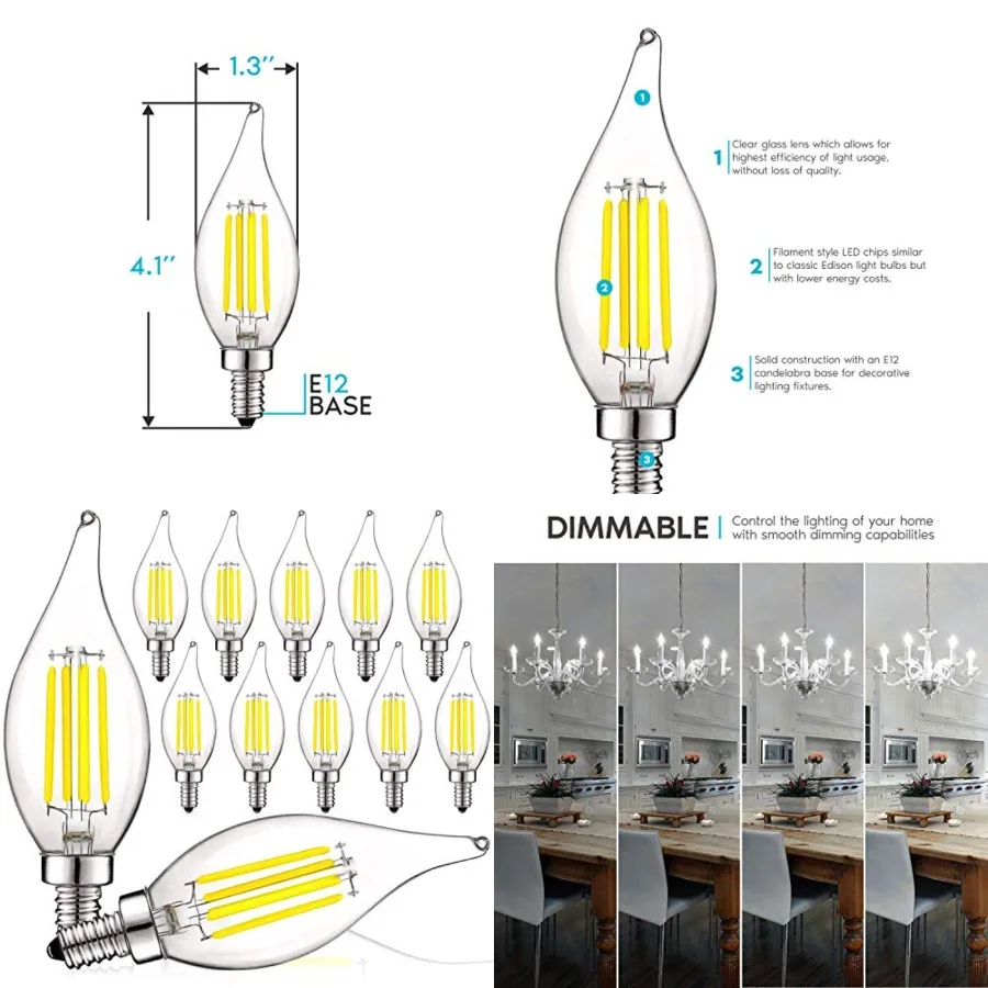 Vintage Candelabra LED Bulb 60W Equivalent, 550 Lumens, 5000K Bright White, LED Chandelier Light Bulbs 5W, Dimmable, Flame Tip
Vintage Candelabra LED Bulb 60W Equivalent, 550 Lumens, 5000K Bright White, LED Chandelier Light Bulbs 5W, Dimmable, Flame Tip