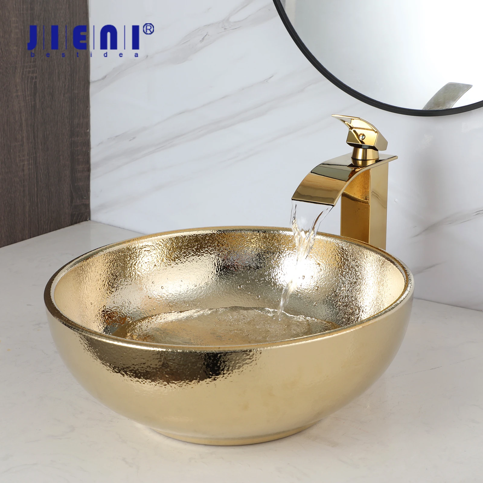 JIENI Gold Ceramic Vessel Sink Faucet Set 16 Inch Round Washbasin W/ Faucet And Pop Up Drain High End European Art Style Basin
JIENI Gold Ceramic Vessel Sink Faucet Set 16 Inch Round Washbasin W/ Faucet And Pop Up Drain High End European Art Style Basin