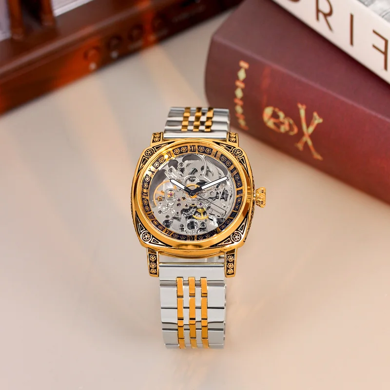 A men's business-style automatic mechanical watch with a two-tone gold steel strap and skeleton dial.
A men's business-style automatic mechanical watch with a two-tone gold steel strap and skeleton dial.