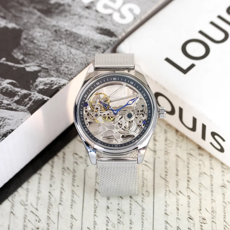 A men's silver mesh strap elegant style dual-sided skeleton automatic mechanical watch
A men's silver mesh strap elegant style dual-sided skeleton automatic mechanical watch