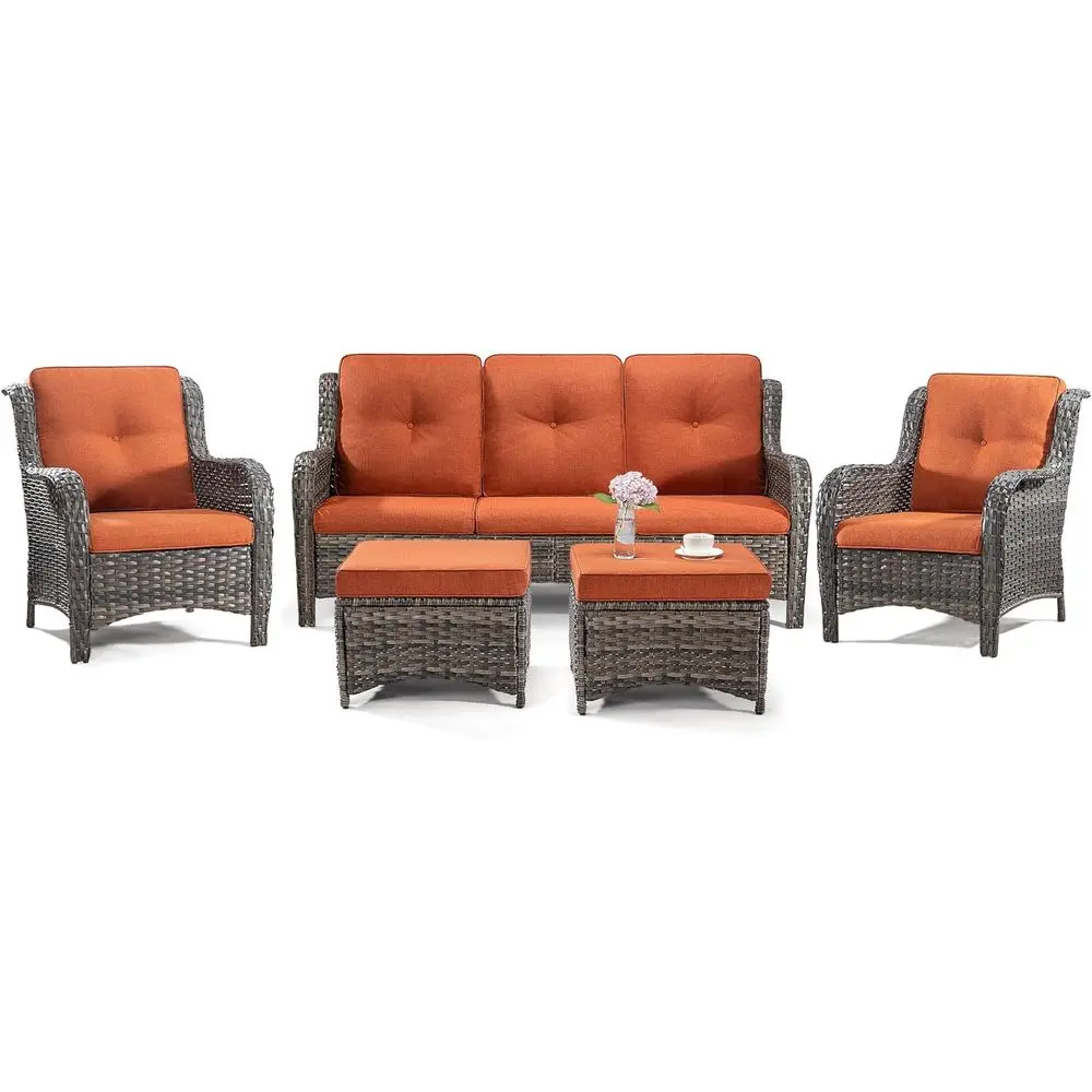 5-Piece Wicker Outdoor Furniture Set with 3-Seat Sofa, 2 Armchairs, and 2 Ottomans in Orange
5-Piece Wicker Outdoor Furniture Set with 3-Seat Sofa, 2 Armchairs, and 2 Ottomans in Orange