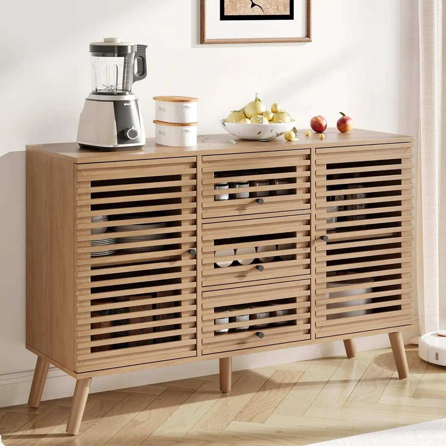 Mid Century Buffet Cabinet With Slatted Doors Drawers 47"W Oak Sideboard Storage For Living Room Entryway Kitchen, Customized
Mid Century Buffet Cabinet With Slatted Doors Drawers 47"W Oak Sideboard Storage For Living Room Entryway Kitchen, Customized