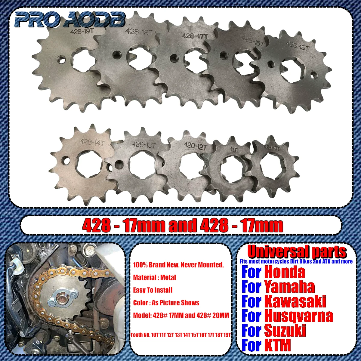 Front Engine Sprocket 428# Chain 17mm 20MM 10t 11T 12t 13T 14T 15t 16t 17T 18t 19T Teeth fit Motorcycle ATV Motocross part
Front Engine Sprocket 428# Chain 17mm 20MM 10t 11T 12t 13T 14T 15t 16t 17T 18t 19T Teeth fit Motorcycle ATV Motocross part