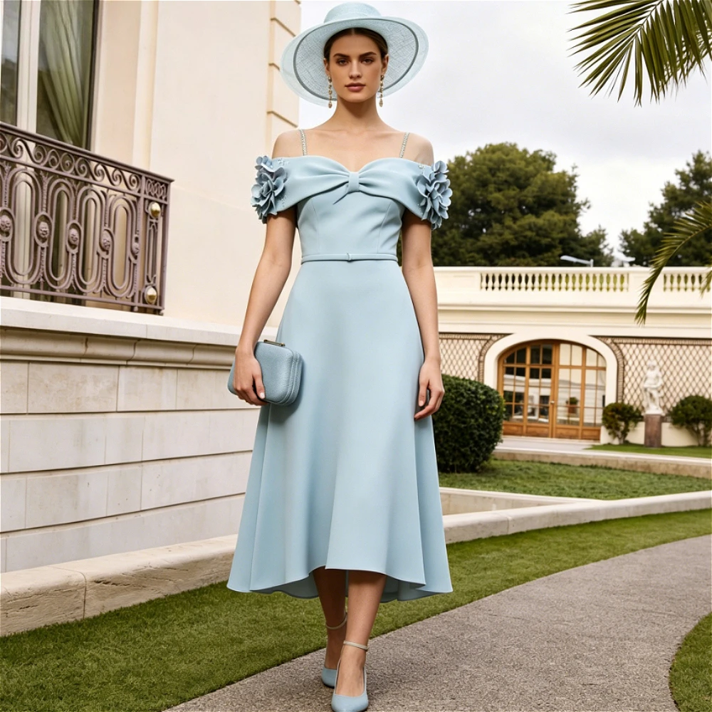 Customized Light Blue Off Shoulder 3D Floral Bow Mother Of Bride Dress Spaghetti Strap Formal Wedding Guest Tea Party Gown
Customized Light Blue Off Shoulder 3D Floral Bow Mother Of Bride Dress Spaghetti Strap Formal Wedding Guest Tea Party Gown