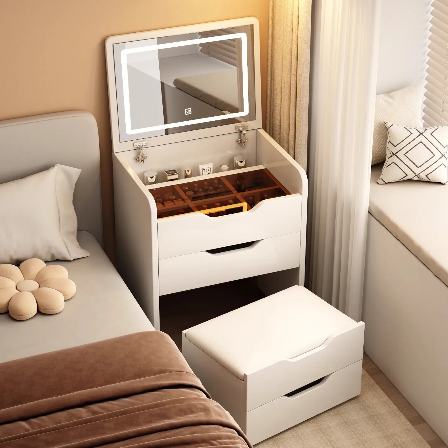 Dressing Vanity Desk with Flip Top Light Mirror Makeup Table with Storage Stool Integrated Vanity with Drawers 3in1 Vanity Desk
Dressing Vanity Desk with Flip Top Light Mirror Makeup Table with Storage Stool Integrated Vanity with Drawers 3in1 Vanity Desk