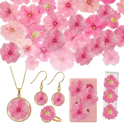 40 Pcs 4 Kinds Natural Pressed Flowers for DIY Resin Jewelry Making Floral Decors - Pink Mix 24 Cherry Blossoms