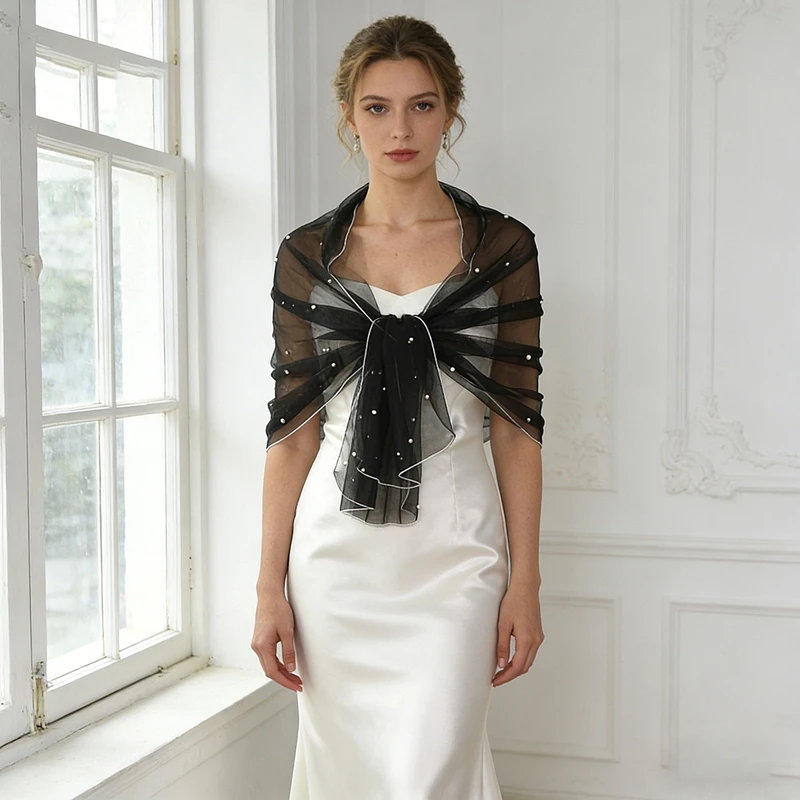 Elegant Black Mesh Pearl Shawl Bride Female Dance Breathable Tulle Scarf Cape Evening Party dress sheer Shoulder Cover
Elegant Black Mesh Pearl Shawl Bride Female Dance Breathable Tulle Scarf Cape Evening Party dress sheer Shoulder Cover