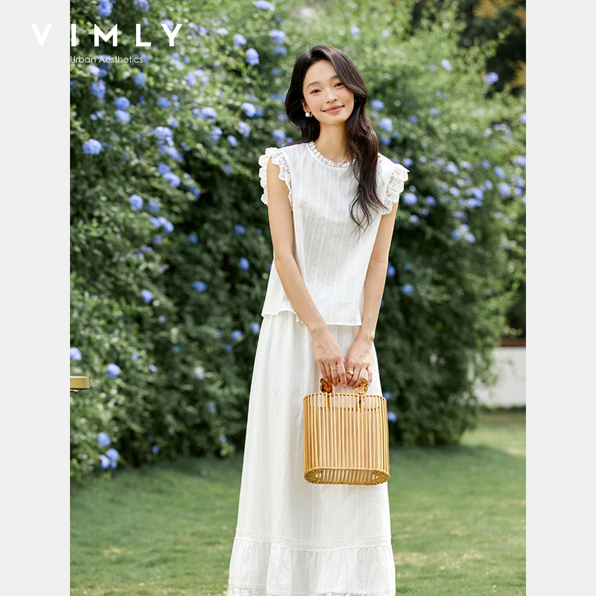 VIMLY Two Piece Set Woman 2025 Summer French White 100% Cotton Round Neck Lace Cuffs Hook Flower Hollow Shirt A-line Skirt A1652
VIMLY Two Piece Set Woman 2025 Summer French White 100% Cotton Round Neck Lace Cuffs Hook Flower Hollow Shirt A-line Skirt A1652
