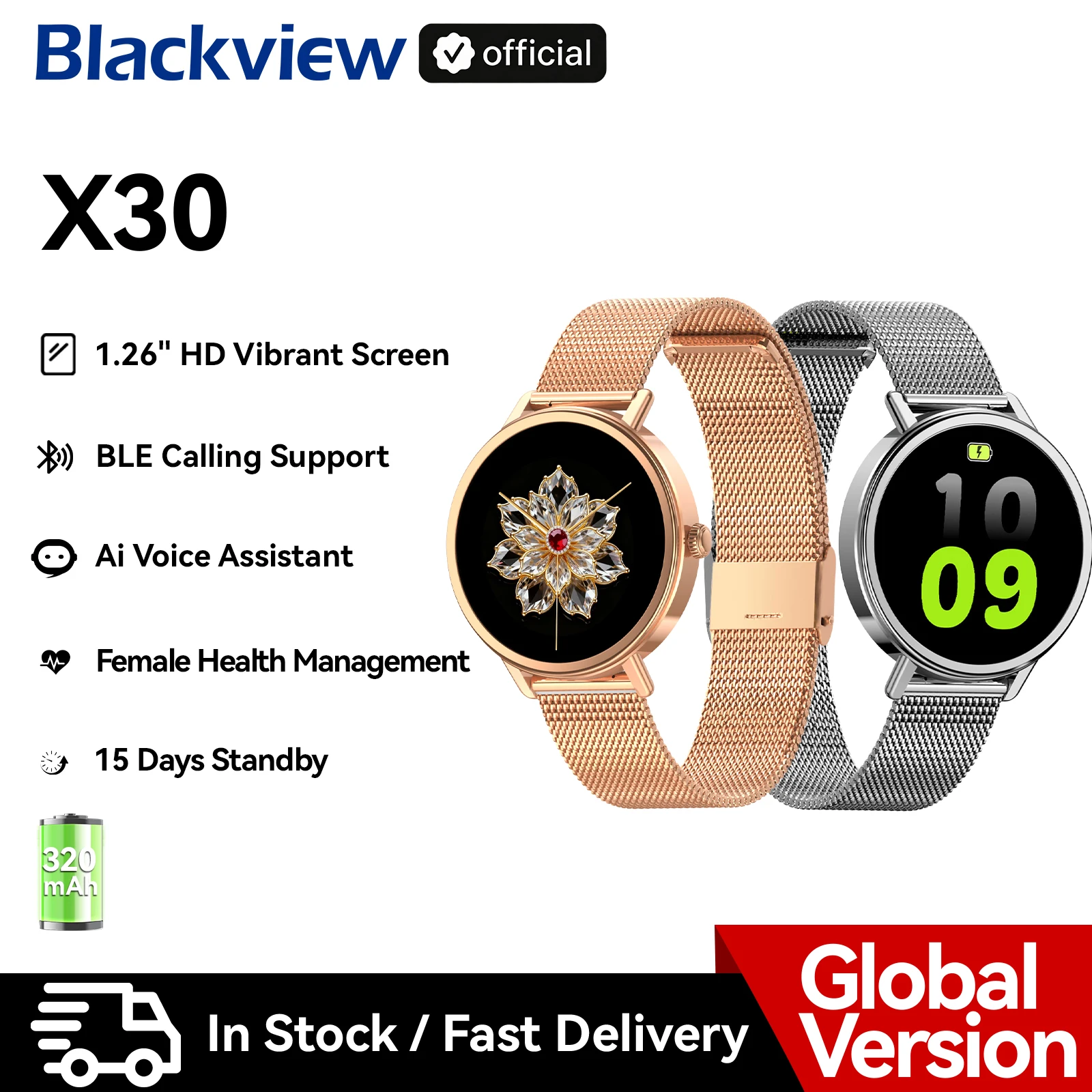 Blackview X30 Lady's Smart Watch 1.26" TFT HD Screen Bluetooth Connection Calling Support Health Management,100+ Sport Modes
Blackview X30 Lady's Smart Watch 1.26" TFT HD Screen Bluetooth Connection Calling Support Health Management,100+ Sport Modes