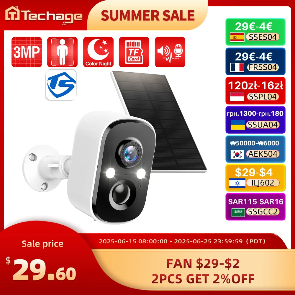 Techage 3MP Wireless Solar Battery IP Camera Security Protection WiFi PIR Camera Support Alexa 2-Way Audio Human Detect
Techage 3MP Wireless Solar Battery IP Camera Security Protection WiFi PIR Camera Support Alexa 2-Way Audio Human Detect