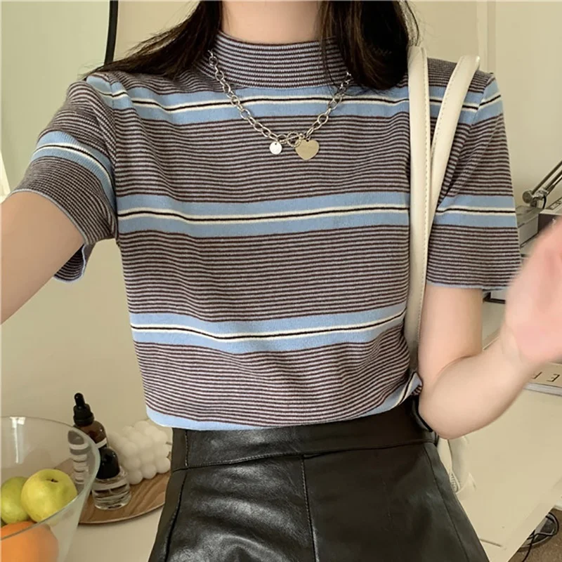 Womens Knitting T Shirt Short Sleeve Patchwork Striped Casual Knit Tops New Summer Female O Neck Slim Thin Simple Tees T-Shirts
Womens Knitting T Shirt Short Sleeve Patchwork Striped Casual Knit Tops New Summer Female O Neck Slim Thin Simple Tees T-Shirts