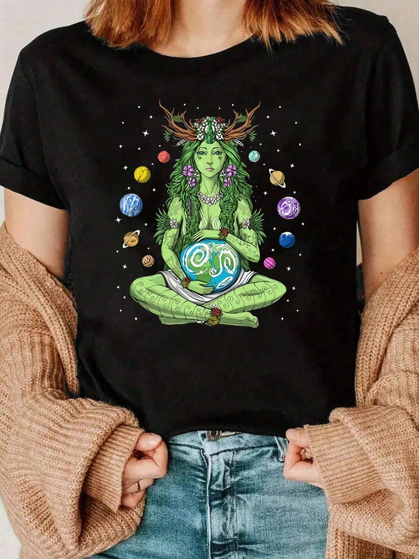 Green Goddess With Planets Print T Shirt Women Casual Wear For Nature Lovers 220g
Green Goddess With Planets Print T Shirt Women Casual Wear For Nature Lovers 220g