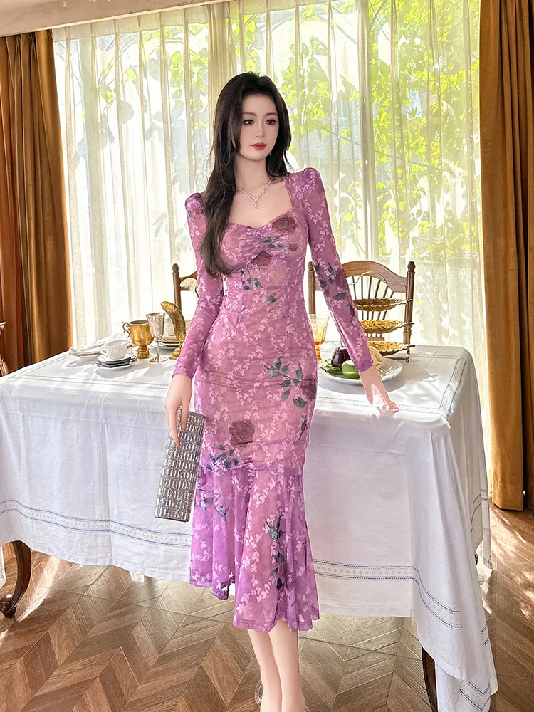 Coigarsam Women's Dress 2024 New French Style Sexy Print Floral Print Zipper Square Collar Purple Rose Dresses
Coigarsam Women's Dress 2024 New French Style Sexy Print Floral Print Zipper Square Collar Purple Rose Dresses