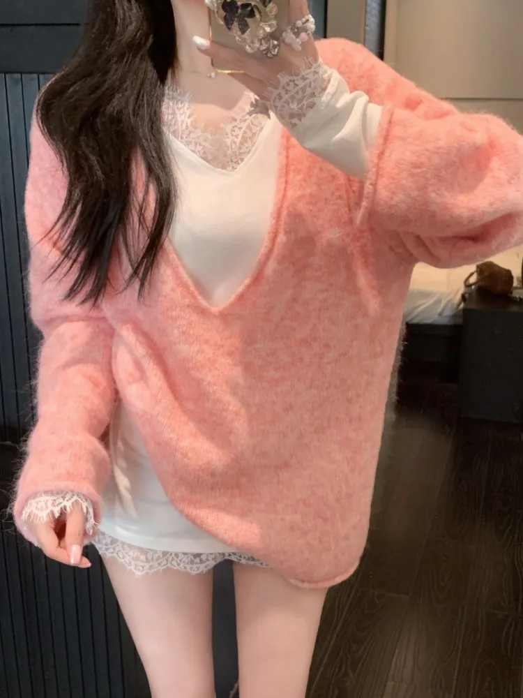 Retro Lazy Style Lace Splicing Long Sleeve Large V-Neck Natural Cuffed Sweater Set Women's Autumn Fashion Casual Loose Fit
Retro Lazy Style Lace Splicing Long Sleeve Large V-Neck Natural Cuffed Sweater Set Women's Autumn Fashion Casual Loose Fit