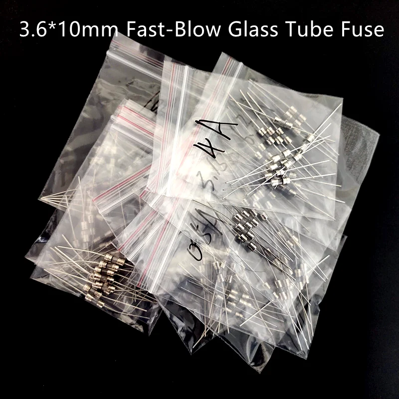 

10Kind 100pcs 3.6*10mm Fast-Blow Glass Tube Fuse Fast Break With Pin 3.6X10MM 250V 0.5A 1A 2A 3A 3.15A 4A 5A 6A 8A 10A Mix Kits