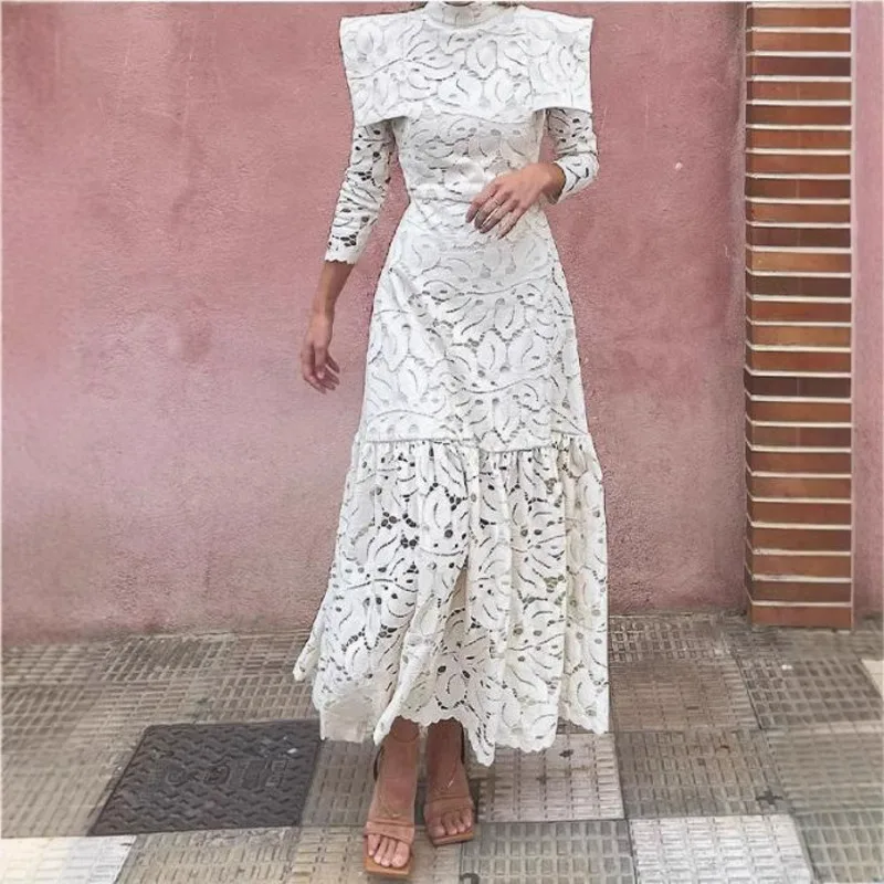Elegant Spring Summer Semi High Neck Lace Dress Long Sleeve A Line Maxi Dress For Women With Hollow Out Design
Elegant Spring Summer Semi High Neck Lace Dress Long Sleeve A Line Maxi Dress For Women With Hollow Out Design