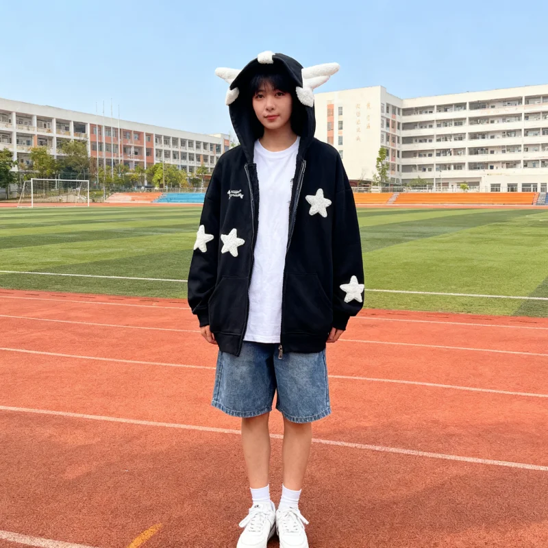 The 2025 Spring and Autumn new style hoodie is a cute cartoon loose hooded long-sleeved zipper jacket for women
The 2025 Spring and Autumn new style hoodie is a cute cartoon loose hooded long-sleeved zipper jacket for women
