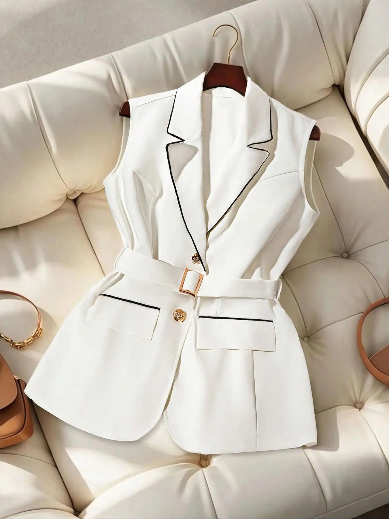 【Plus Size】 Contrast Binding Button Front Belted Blazer Vest, Casual Sleeveless Top for Work Office Business, Women's Plus Cloth
【Plus Size】 Contrast Binding Button Front Belted Blazer Vest, Casual Sleeveless Top for Work Office Business, Women's Plus Cloth