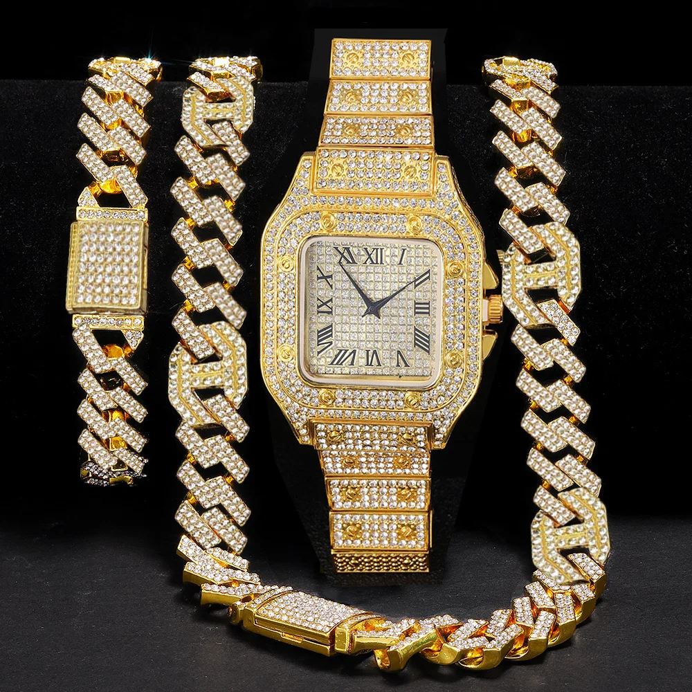 Gold Color Cuban Chain Watch for Men,Hip Hop Miami Curb,Iced Out Paved Rhinestones,Bling Rapper Necklace, Watch+Bracelet Jewelry 
Gold Color Cuban Chain Watch for Men,Hip Hop Miami Curb,Iced Out Paved Rhinestones,Bling Rapper Necklace, Watch+Bracelet Jewelry