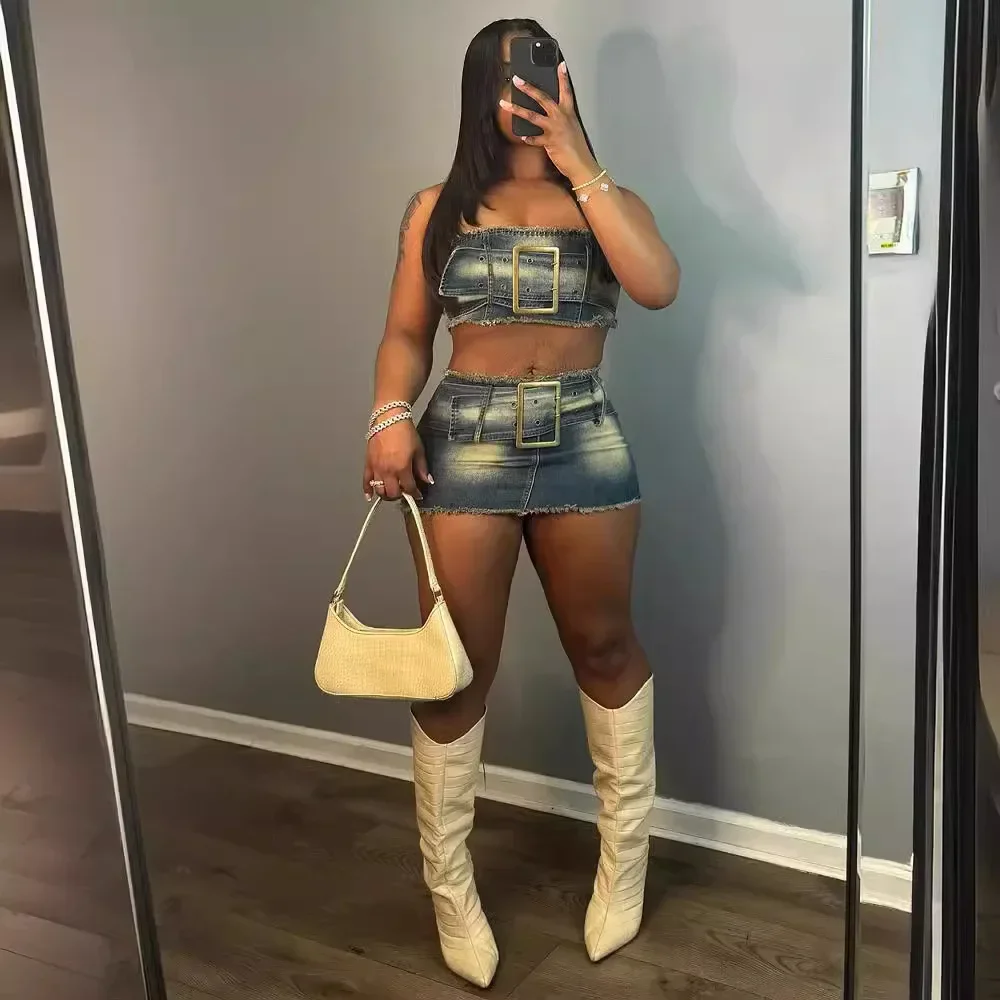 Women Denim Two Piece Sets Sexy Strapless Top Sleeveless Sashes Skirt Suits Crop Tops Mini Skirts Cowboy Outfits Streetwear
Women Denim Two Piece Sets Sexy Strapless Top Sleeveless Sashes Skirt Suits Crop Tops Mini Skirts Cowboy Outfits Streetwear