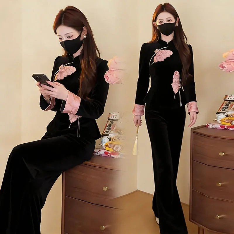 Spring Faion Velvet Set Women's Chinese Sle irt Wide Leg Pants Two Piece Set Agel Chic Improved Version Casual Wear
Spring Faion Velvet Set Women's Chinese Sle irt Wide Leg Pants Two Piece Set Agel Chic Improved Version Casual Wear
