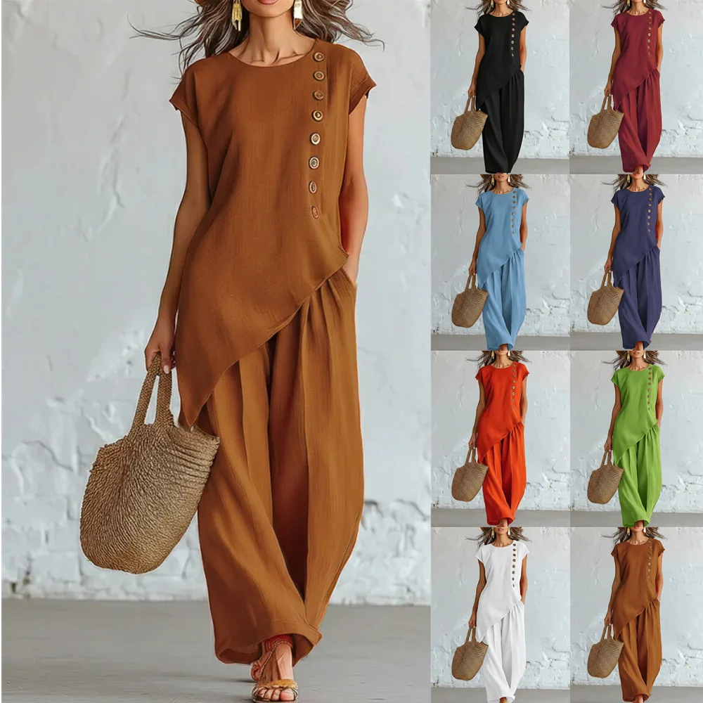 2026 Fashion New Bohemian Crew Neck Button Short Sleeve Top Wide Leg Pants Set Seaside Vacation Two-piece Set
2026 Fashion New Bohemian Crew Neck Button Short Sleeve Top Wide Leg Pants Set Seaside Vacation Two-piece Set