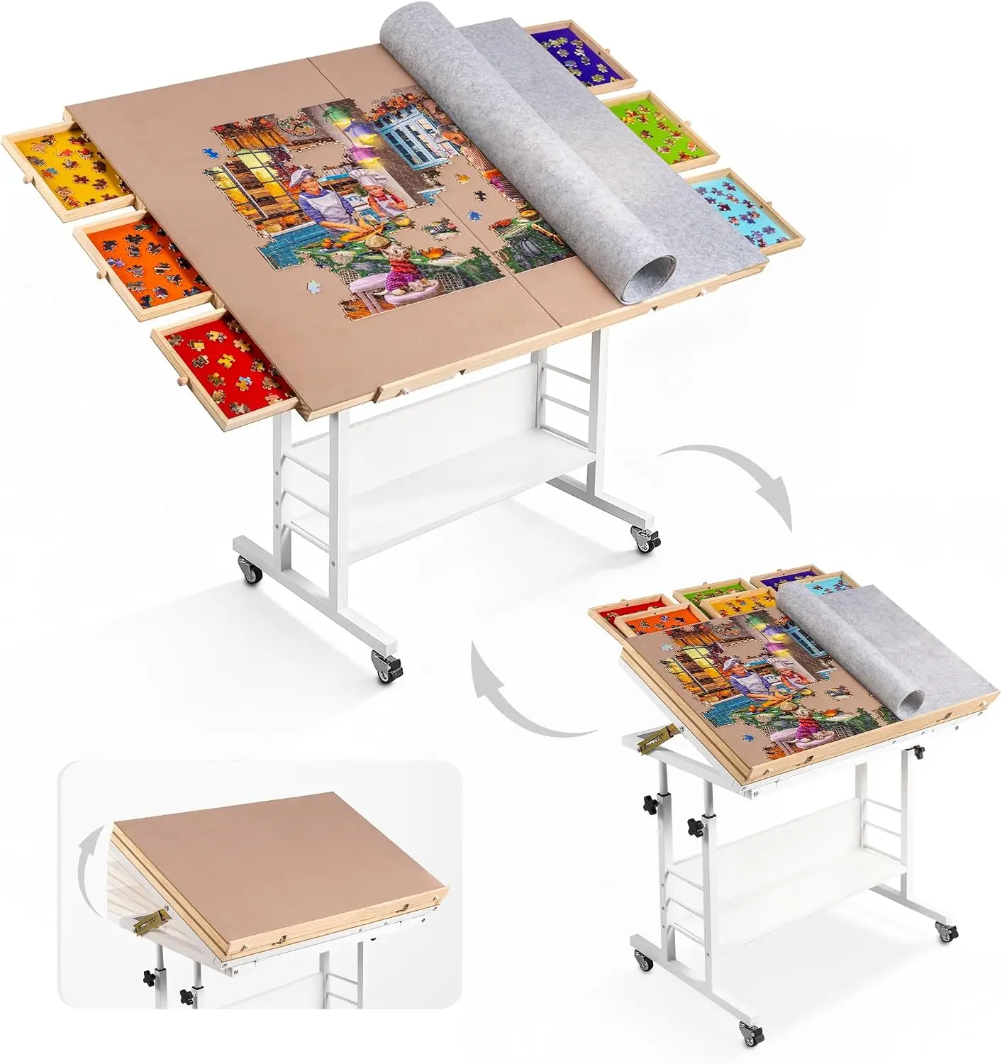 2000-Piece Foldable Jigsaw Puzzle Table with Adjustable Angle & Height, Felt Covers, 8 Drawers, and Wheels (White)
2000-Piece Foldable Jigsaw Puzzle Table with Adjustable Angle & Height, Felt Covers, 8 Drawers, and Wheels (White)