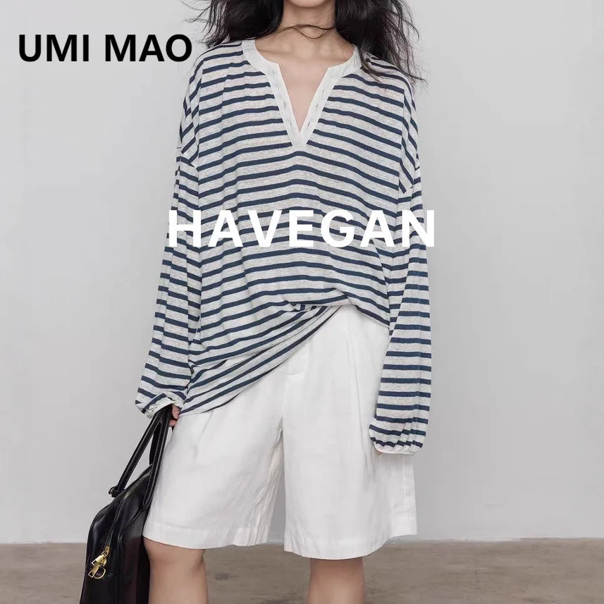 UMI MAO Design Sense V-neck Linen Striped Long Sleeved T-shirt For Women's Summer Sun Protection Thin Vacation Style Top
UMI MAO Design Sense V-neck Linen Striped Long Sleeved T-shirt For Women's Summer Sun Protection Thin Vacation Style Top