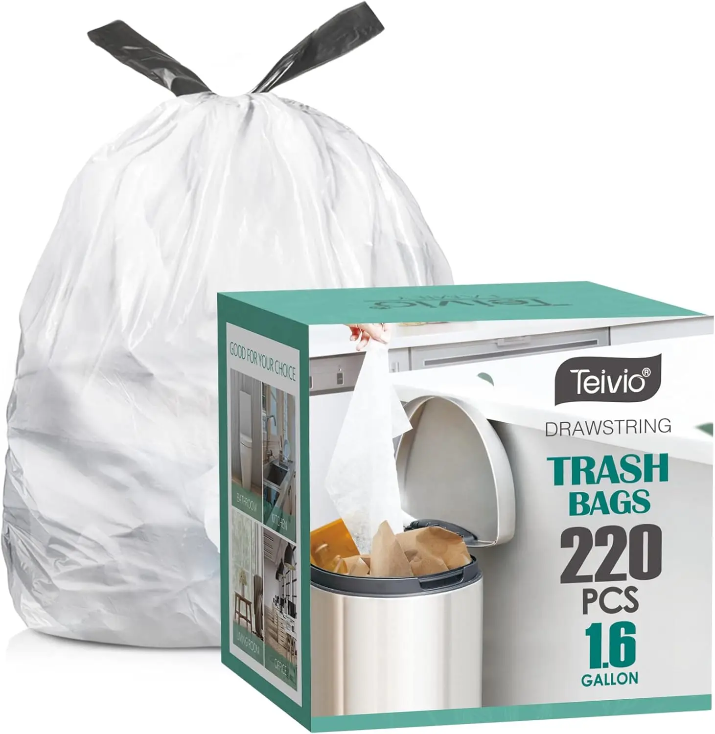 1.6 Gallon Small Trash Bags with Drawstring, 220 Count Strong Garbage Bags for Bathroom Office Kitchen, White
1.6 Gallon Small Trash Bags with Drawstring, 220 Count Strong Garbage Bags for Bathroom Office Kitchen, White