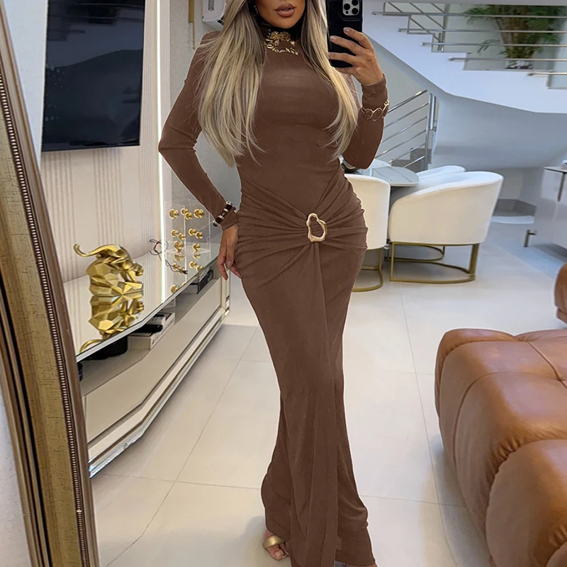 Casual Long Sleeve Hight Waist Slim Fit Long Dress Elegant Metal Buckle Party Dress Fashion High Neck Solid Color Evening Dress
Casual Long Sleeve Hight Waist Slim Fit Long Dress Elegant Metal Buckle Party Dress Fashion High Neck Solid Color Evening Dress