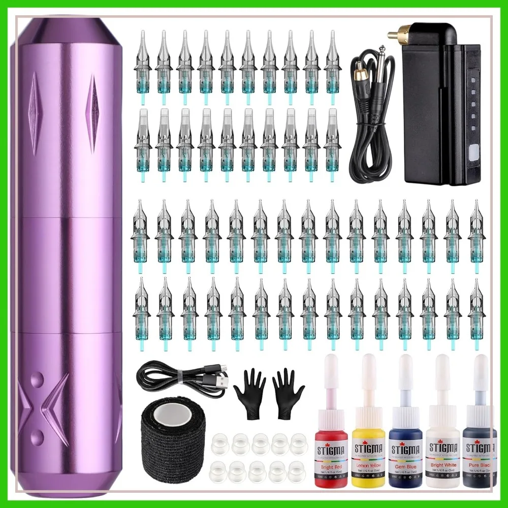 Wireless Tattoo Gun Complete Kit with 50pcs Cartridge Needles, 1500mAh Battery, 5 Colors Ink Set & Accessories
Wireless Tattoo Gun Complete Kit with 50pcs Cartridge Needles, 1500mAh Battery, 5 Colors Ink Set & Accessories