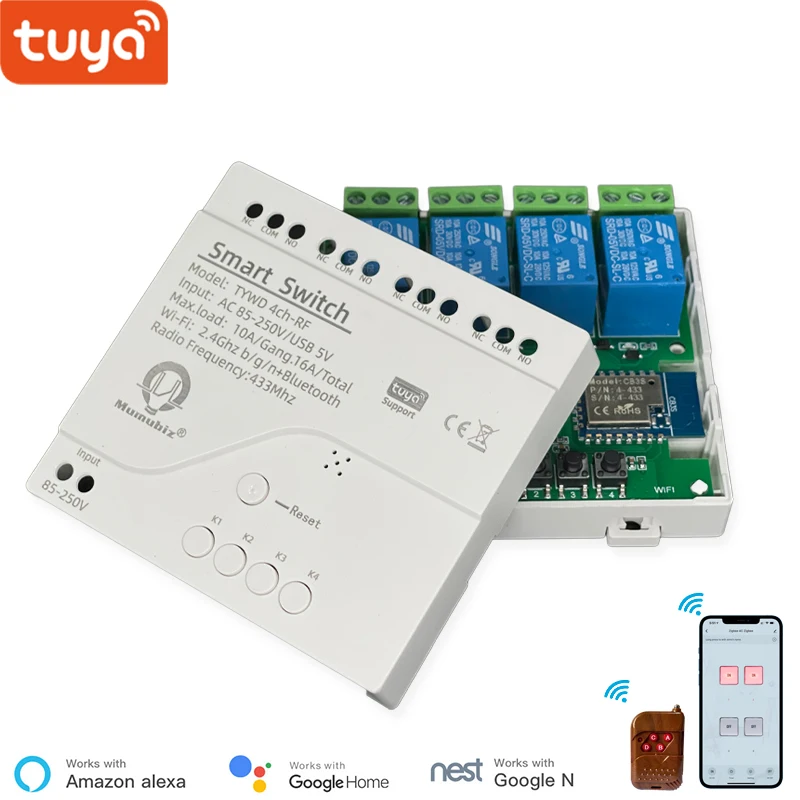 Tuya 4 Channel Smart WiFi 85-250V Switch, APP RF433 Remote Control ,Bluetooth, Inching ,Self-lock ,Inter-lock,Works with Alexa
Tuya 4 Channel Smart WiFi 85-250V Switch, APP RF433 Remote Control ,Bluetooth, Inching ,Self-lock ,Inter-lock,Works with Alexa