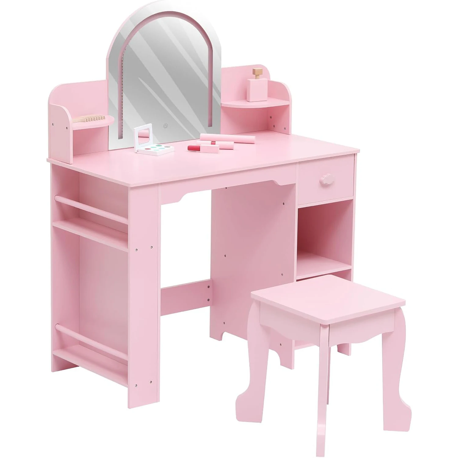 Kids Vanity Table and Chair Set Girls Dressing Table with Storage Shelves & Drawer Wooden Makeup Desk for Playroom Bedroom
Kids Vanity Table and Chair Set Girls Dressing Table with Storage Shelves & Drawer Wooden Makeup Desk for Playroom Bedroom