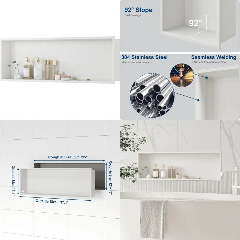 36 Inch by 12 Inch Stainless Steel Shower Wall Niche, No Tile Required, Matte White Recessed Shelf for Bathroom Storage
36 Inch by 12 Inch Stainless Steel Shower Wall Niche, No Tile Required, Matte White Recessed Shelf for Bathroom Storage