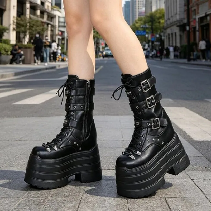 Brand Versatile Thick-Soled Studded Black Biker Punk Gothic Buckle Boots 12cm Height-Increasing Platform Wedge Middle Calf Boots
Brand Versatile Thick-Soled Studded Black Biker Punk Gothic Buckle Boots 12cm Height-Increasing Platform Wedge Middle Calf Boots