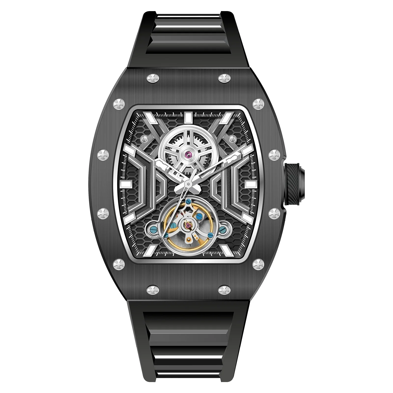 New Tourbillon watch hollow-out design men's mechanical watches Stainless steel dial silicone strap Reloj Hombre
New Tourbillon watch hollow-out design men's mechanical watches Stainless steel dial silicone strap Reloj Hombre