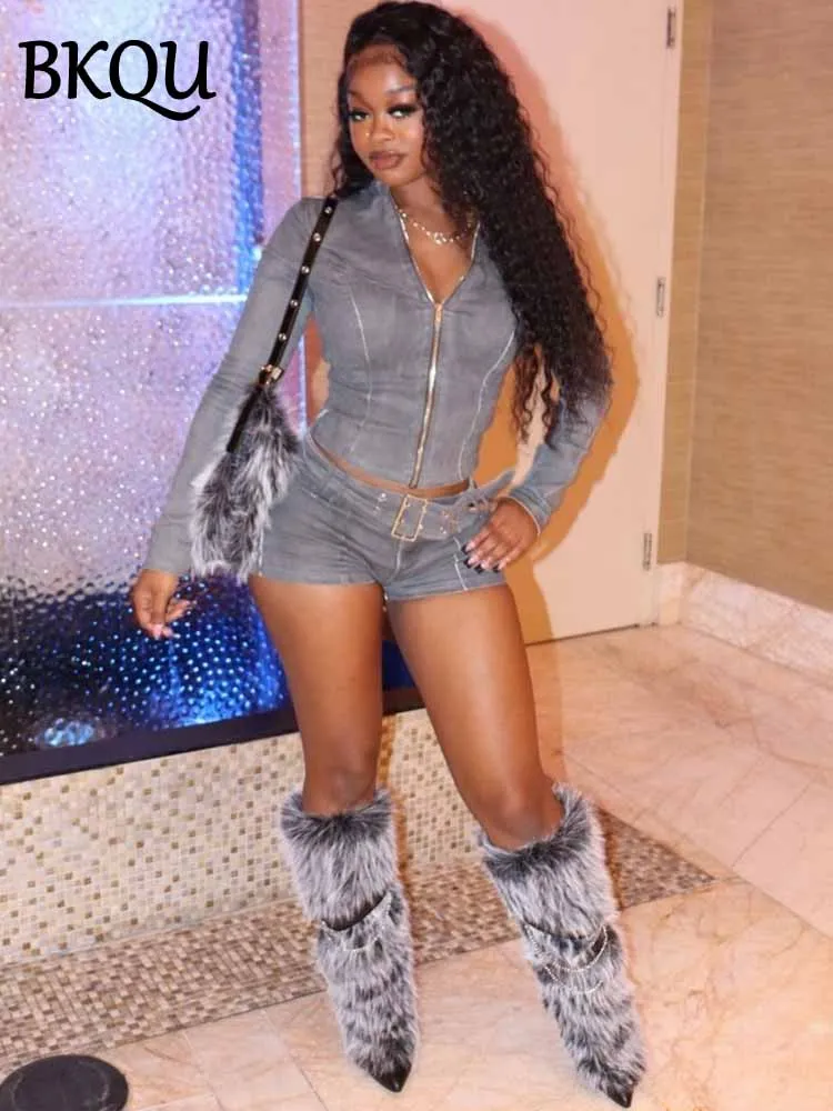 BKQU Stretch Denim Zip Crop Jacket + Belt Shorts Two Piece Set Women Y2k Streetwear American Retro Long Sleeve Slim Jean Outfits
BKQU Stretch Denim Zip Crop Jacket + Belt Shorts Two Piece Set Women Y2k Streetwear American Retro Long Sleeve Slim Jean Outfits