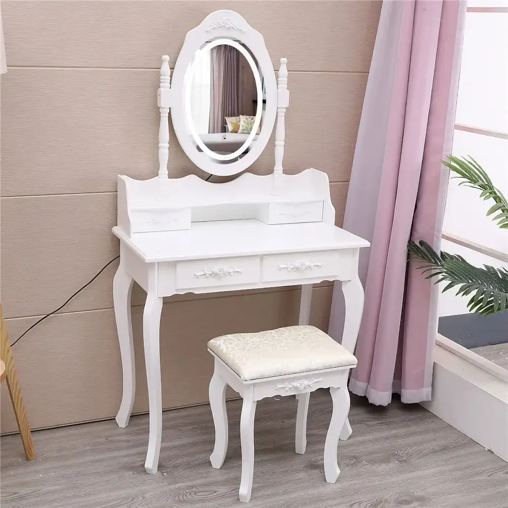 Elegance White Dressing Table Vanity Table and Stool Set Wood Makeup Desk with 4 Drawers & Lighted LED Touch Screen Mirror
Elegance White Dressing Table Vanity Table and Stool Set Wood Makeup Desk with 4 Drawers & Lighted LED Touch Screen Mirror