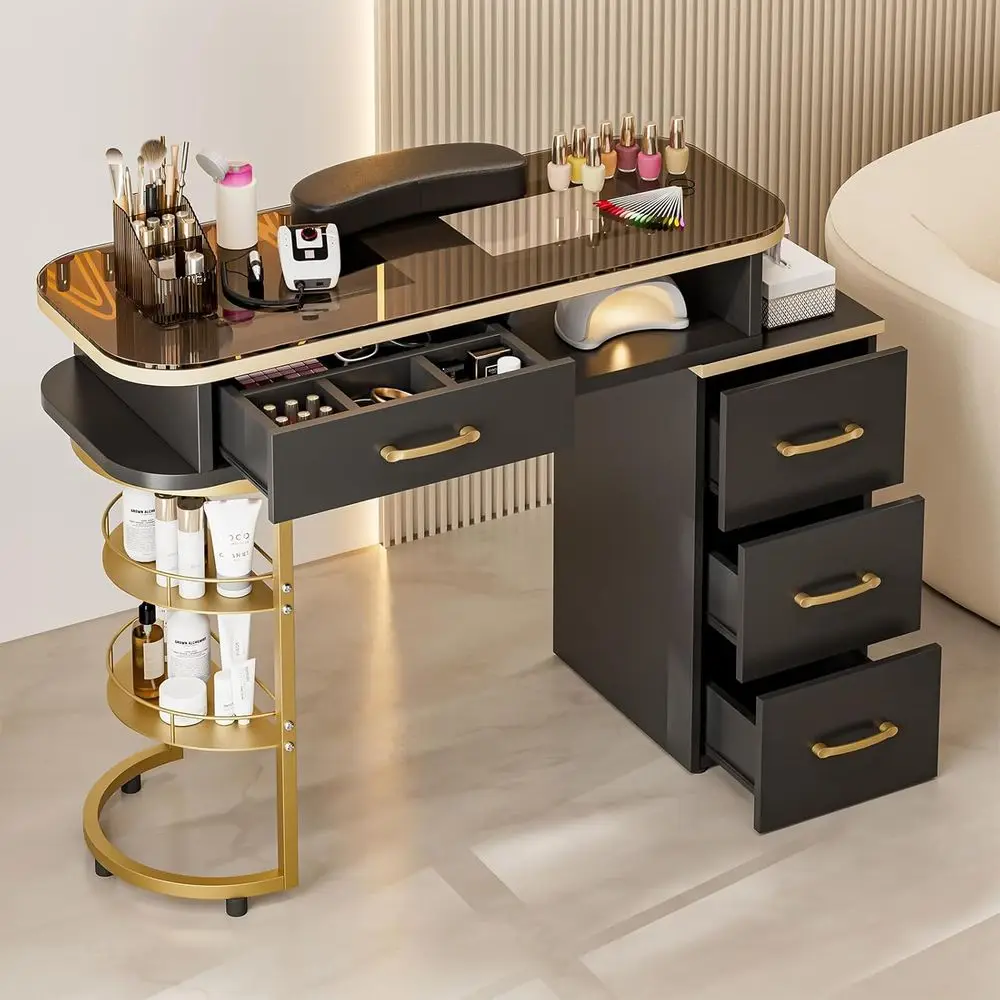 Nail Technician Glass Top Desk with 4 Drawers, 2-Tier Shelves, Acrylic Resistant, Wrist Cushion, Golden Handles (Black)
Nail Technician Glass Top Desk with 4 Drawers, 2-Tier Shelves, Acrylic Resistant, Wrist Cushion, Golden Handles (Black)