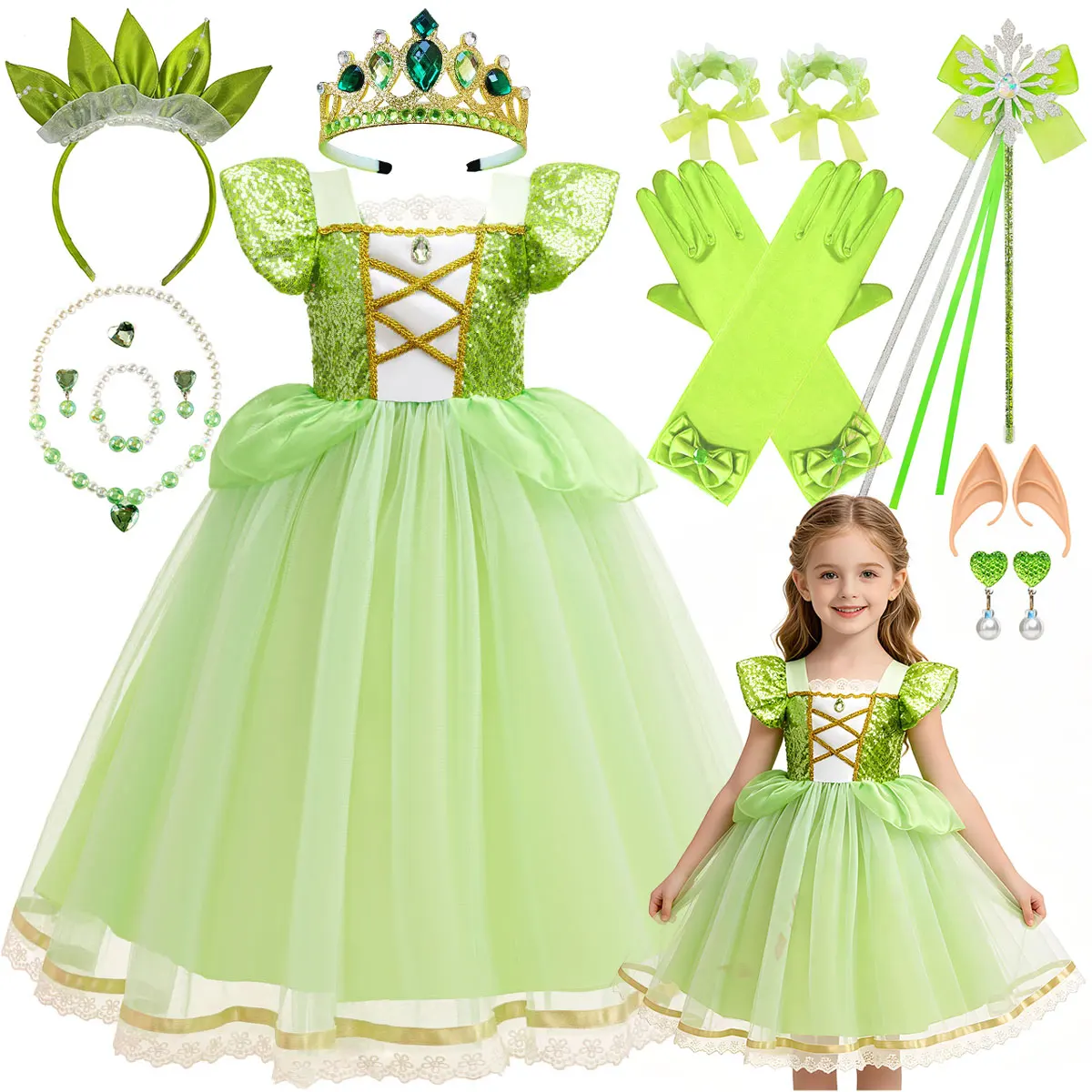 Disney Princess Tiana Green Puffy Tutu Dress Frog Themed Ball Gown Kids Birthday Halloween Carnival Cosplay Elegant Party Dress
Disney Princess Tiana Green Puffy Tutu Dress Frog Themed Ball Gown Kids Birthday Halloween Carnival Cosplay Elegant Party Dress
