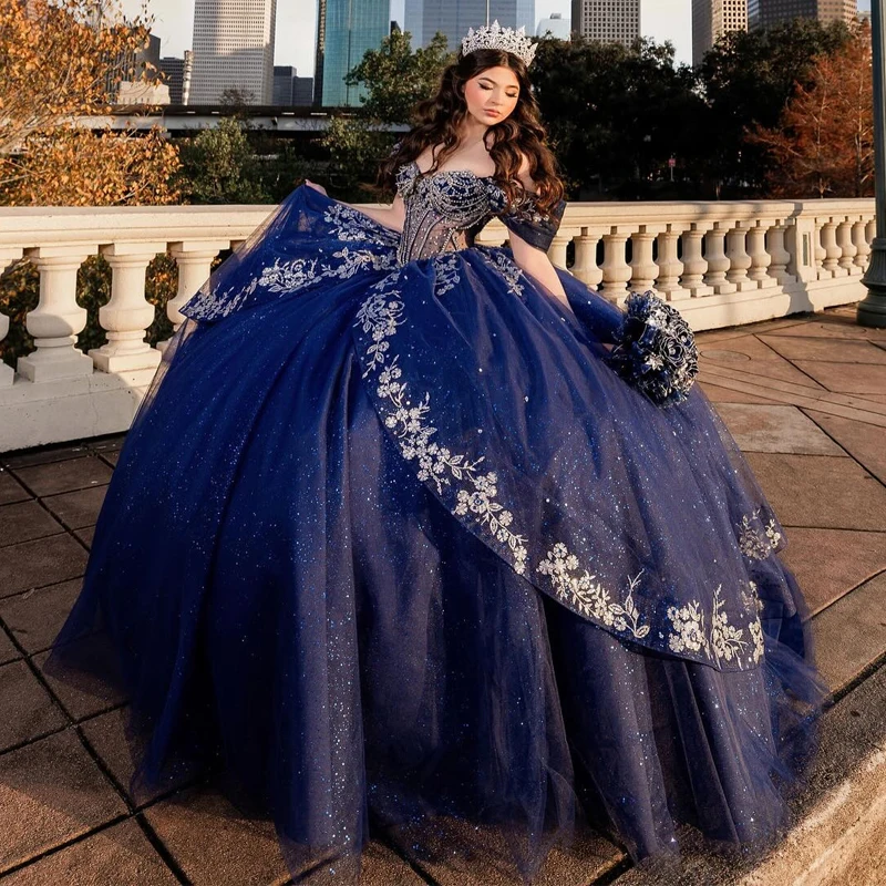 Navy Blue Shiny Quinceanera Dresses Ball Gown Off The Shoulder Applique Lace Beading Tull Party Birthday Sweet 16 Dress Vestidos
Navy Blue Shiny Quinceanera Dresses Ball Gown Off The Shoulder Applique Lace Beading Tull Party Birthday Sweet 16 Dress Vestidos