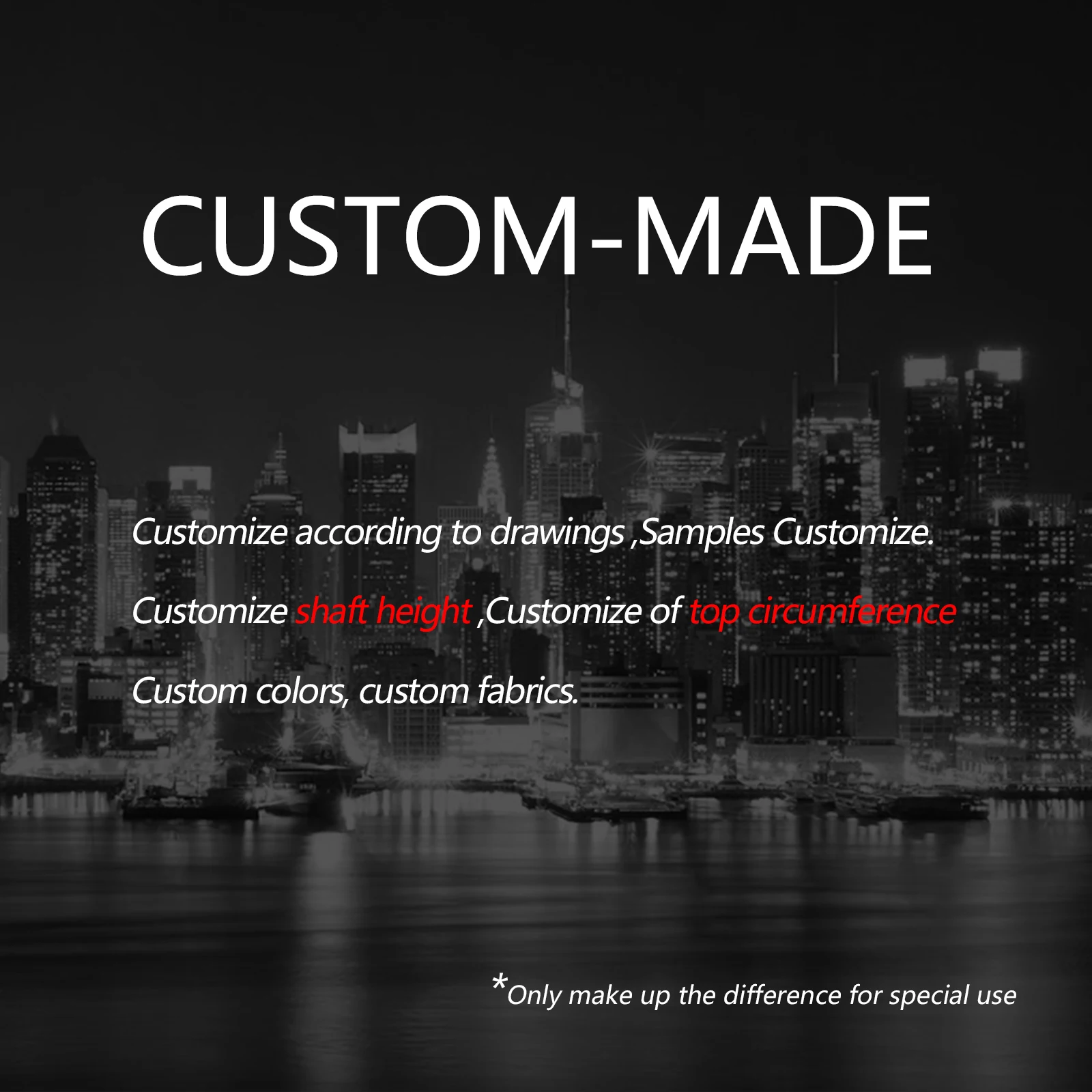 Customize according to drawings ,Samples Customize. Customize shaft height ,Customize of top circumference Custom colors
Customize according to drawings ,Samples Customize. Customize shaft height ,Customize of top circumference Custom colors