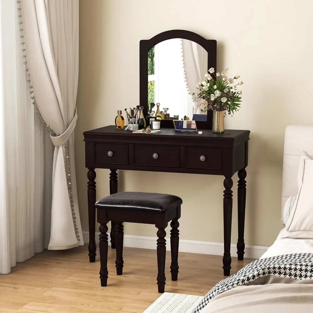 CHARMAID Makeup Vanity Desk with Mirror and Stool, 34'' Wide Vanity Table Set with Large Mirror, 3 Drawers, Cushioned Stool,
CHARMAID Makeup Vanity Desk with Mirror and Stool, 34'' Wide Vanity Table Set with Large Mirror, 3 Drawers, Cushioned Stool,