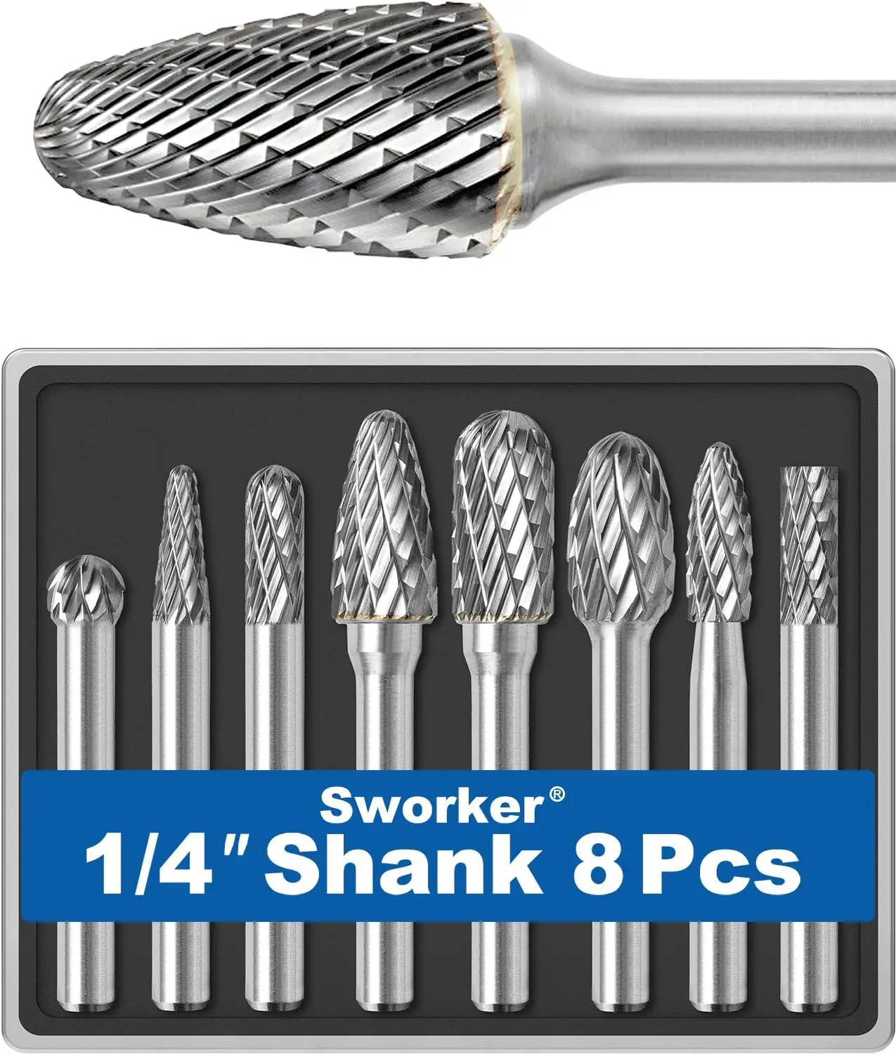8Pcs Carbide Burr Set with Clear Box, 1/4 Shank, Max 10mm Dia for Metal Wood Stone Grinding Deburring Cutting
8Pcs Carbide Burr Set with Clear Box, 1/4 Shank, Max 10mm Dia for Metal Wood Stone Grinding Deburring Cutting