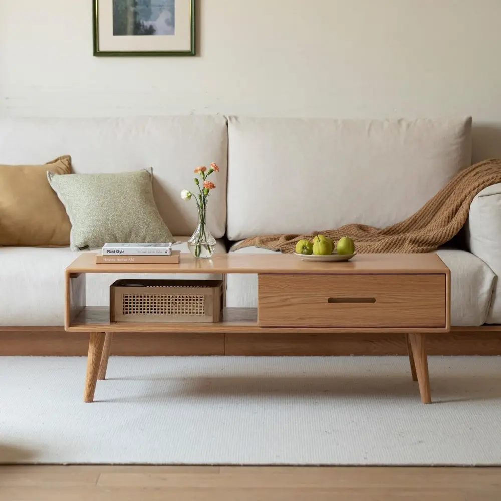Solid Oak Coffee Table with Storage Shelf and 2 Drawers, 39.37 Wide for Living Room
Solid Oak Coffee Table with Storage Shelf and 2 Drawers, 39.37 Wide for Living Room