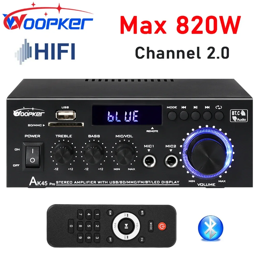 Усилитель мощности Woopker AK45 Pro Max 820 Вт RMS 50Wx2 Bluetooth усилитель Hi-Fi стереоприемник подходит для дома и автомобиля
Усилитель мощности Woopker AK45 Pro Max 820 Вт RMS 50Wx2 Bluetooth усилитель Hi-Fi стереоприемник подходит для дома и автомобиля